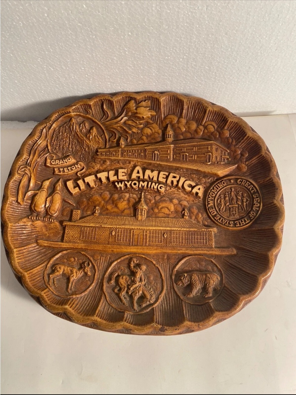 Vintage Little America Wyoming Souvenir Plaque - Brown 12 x 11